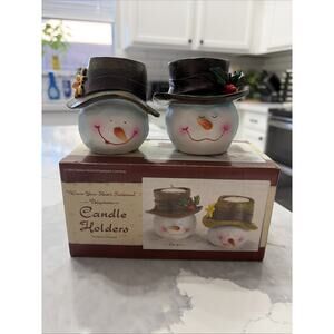 Warm Your Heart Snowman Polystone Candle Holders Set of 2 2004 Debbie Haviland